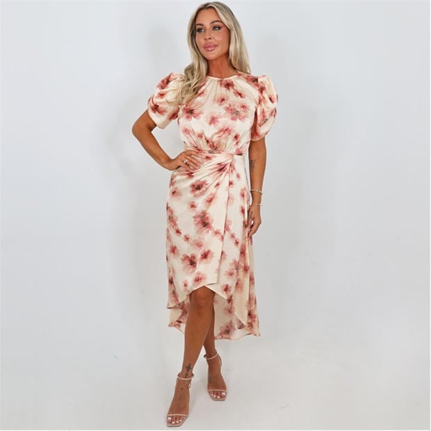 Blush - AX Paris - Blush Floral Print Puff Sleeve Gathered Side Midi Dress