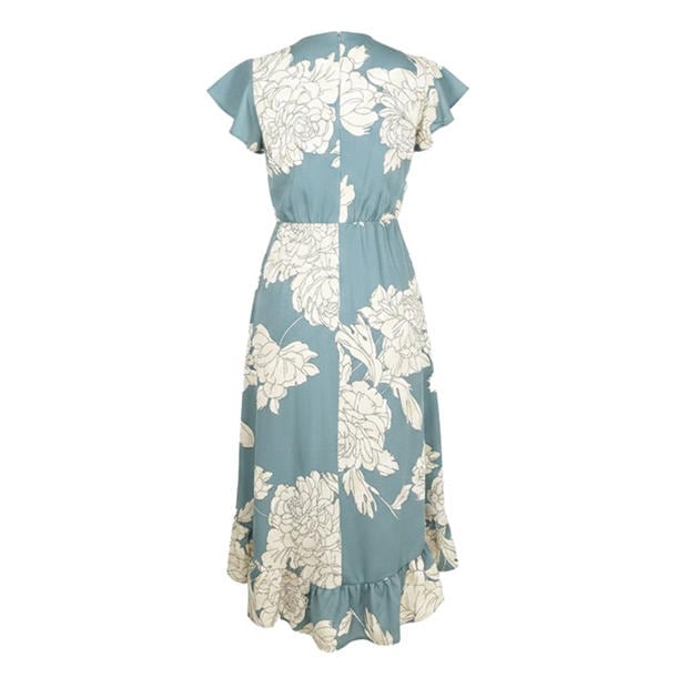 Duck Egg - AX Paris - Duck Egg And Cream Floral Print Frill Hem Wrap Midi Dress