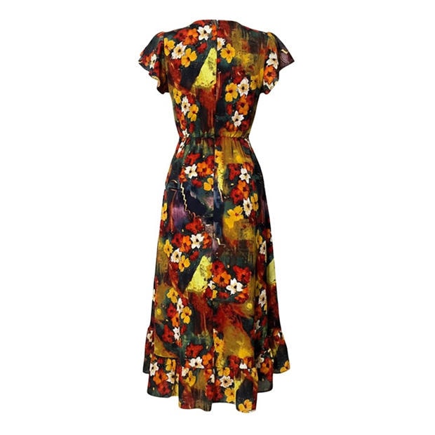 Multi - AX Paris - Multi Floral Print Frill Hem Wrap Midi Dress