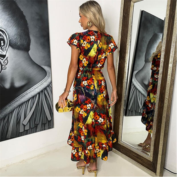 Multi - AX Paris - Multi Floral Print Frill Hem Wrap Midi Dress