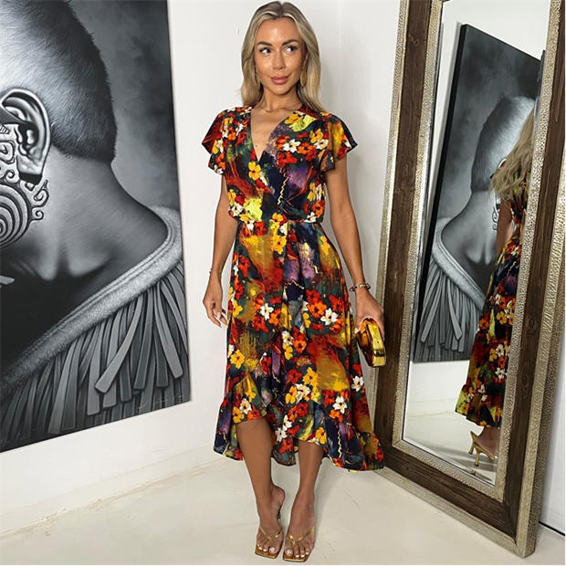 Multi - AX Paris - Multi Floral Print Frill Hem Wrap Midi Dress