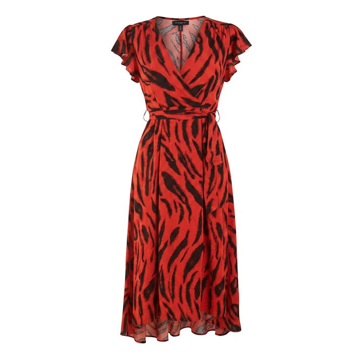 Paris  Women's  Tiger Print Flutter Sleeve Belted Wrap Midi Dress, Football by AX  in Size 14, Sports Direct