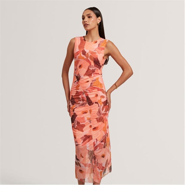 CORAL - Ted Baker - Womens Garden Print Sleeveless Mesh Bodycon Dress