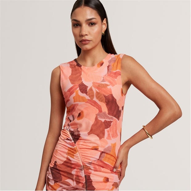 CORAL - Ted Baker - Womens Garden Print Sleeveless Mesh Bodycon Dress