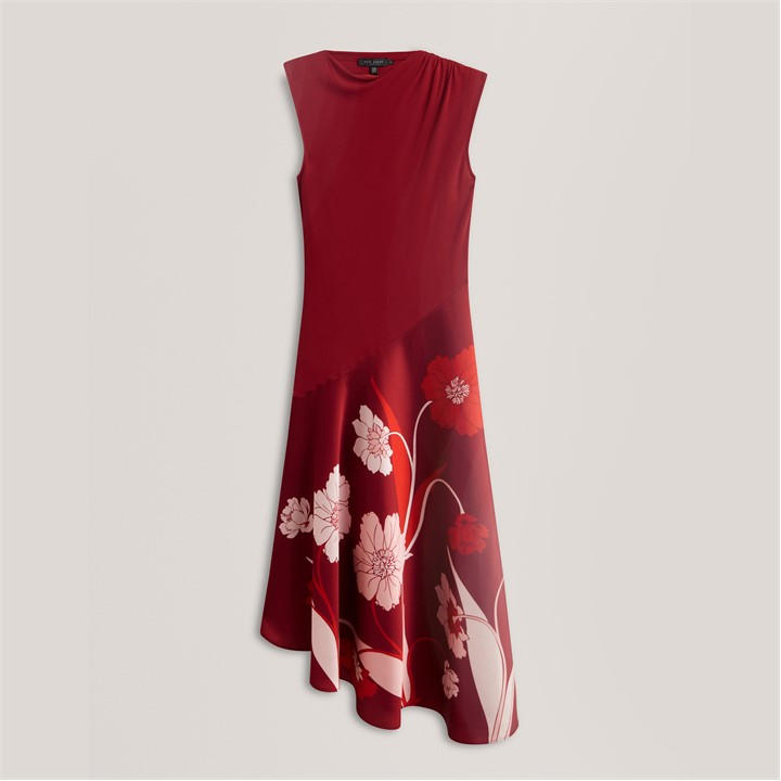 Ted Baker Women's Red Printed Jersey Midi Dress With Satin Skirt in Size 10, Sports Direct
