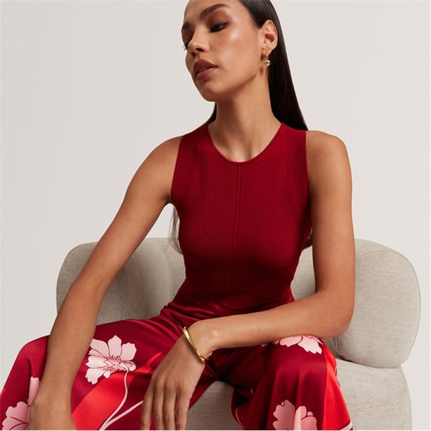 DK-RED - Ted Baker - Womens Knit Bodice Floral Printed Trouser Jumpsuit