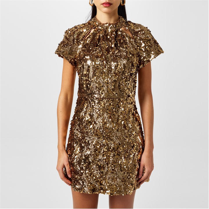 French Connection Women's Gold Sequin Mesh Mini Dress in Size 8, Sports Direct