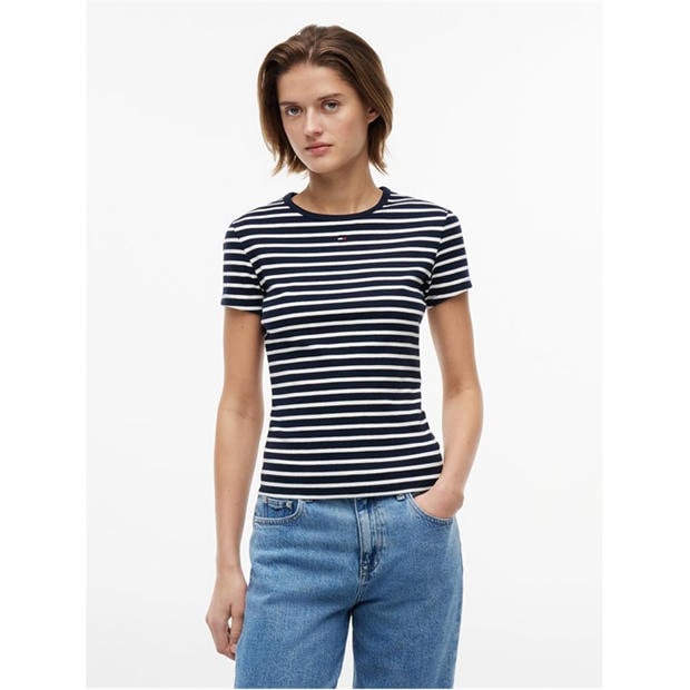 Navy/Stripe - Tommy Jeans - Short Sleeve Logo Ribbed T-Shirt