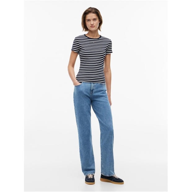 Navy/Stripe - Tommy Jeans - Short Sleeve Logo Ribbed T-Shirt