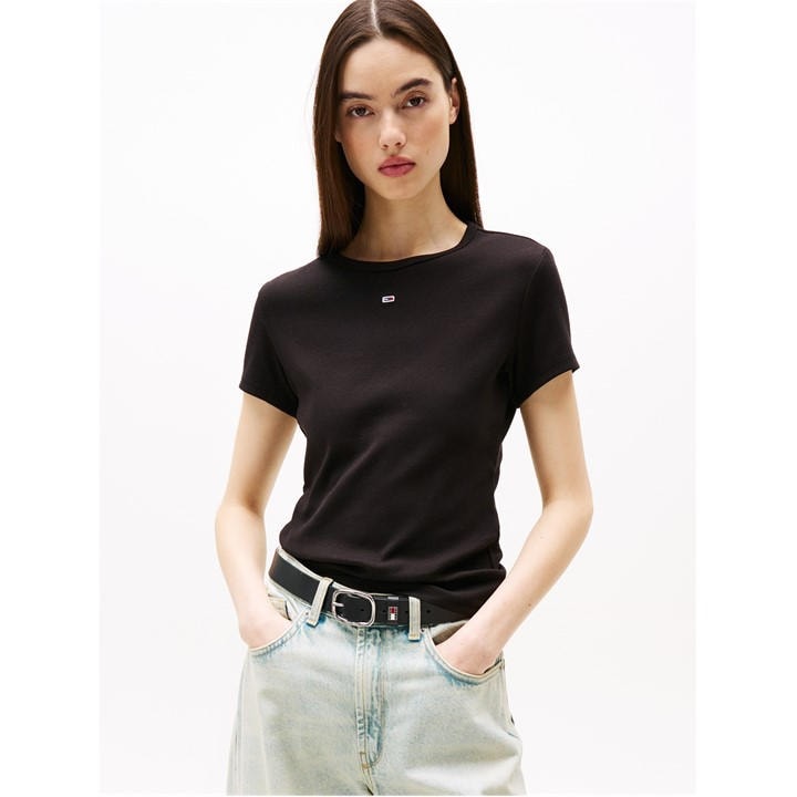 Tommy Jeans Women's Black Short Sleeve Logo Ribbed T-Shirt in Size 12, Sports Direct