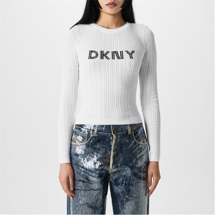 Dkny Women's White Logo Knit Top in Size 14, Sports Direct