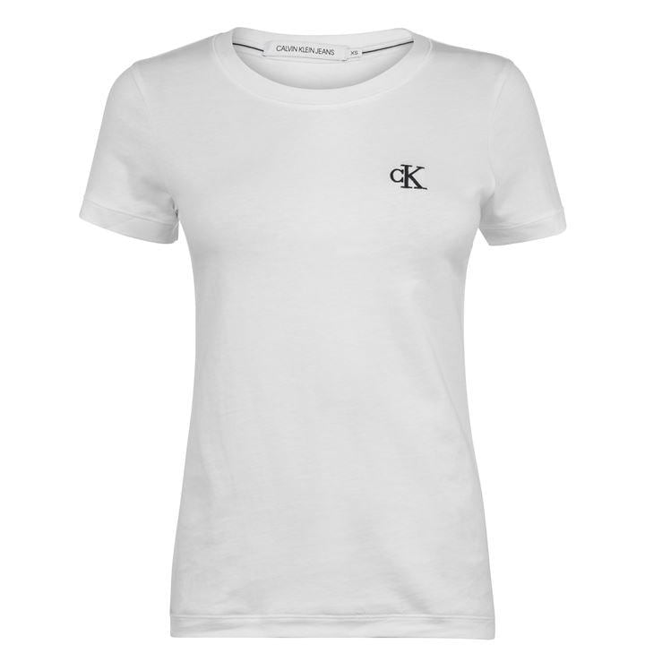 Calvin Klein Jeans Women's White Calvin Embroidered Logo Slim Fit T-Shirt in Size 6, Sports Direct