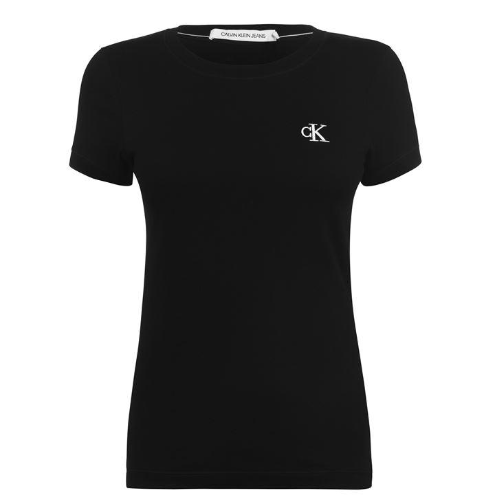 Calvin Klein Jeans Women's Black Calvin Embroidered Logo Slim Fit T-Shirt in Size 12, Sports Direct