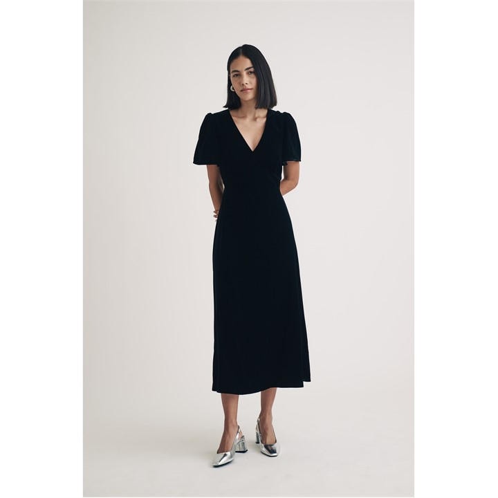 Nobodys  Women's Black Velvet Atlas Midi Dress in Size 8, Sports Direct