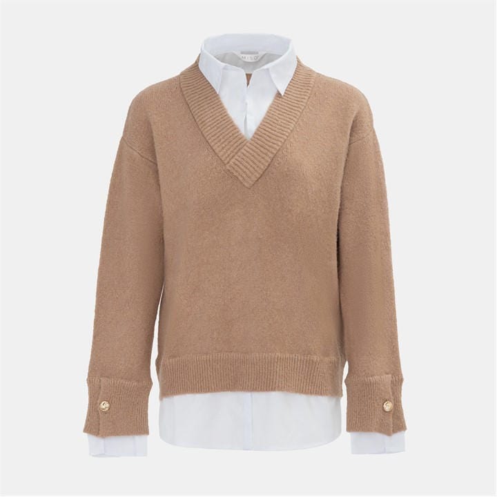 Miso Women's Beige V Neck Shirt Collar Fake Two-Piece Jumper in Size 8, Sports Direct