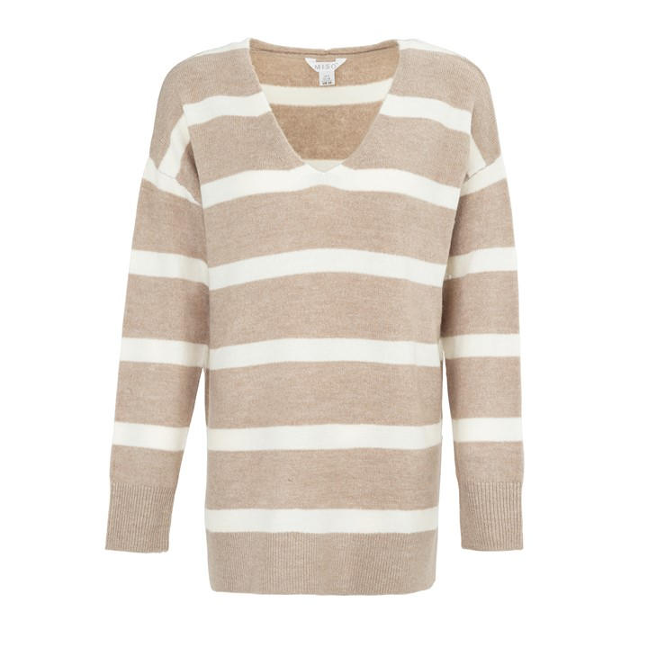 Miso Women's Brown V Neck Loose Stripe Sweater Dress in Size 12, Sports Direct