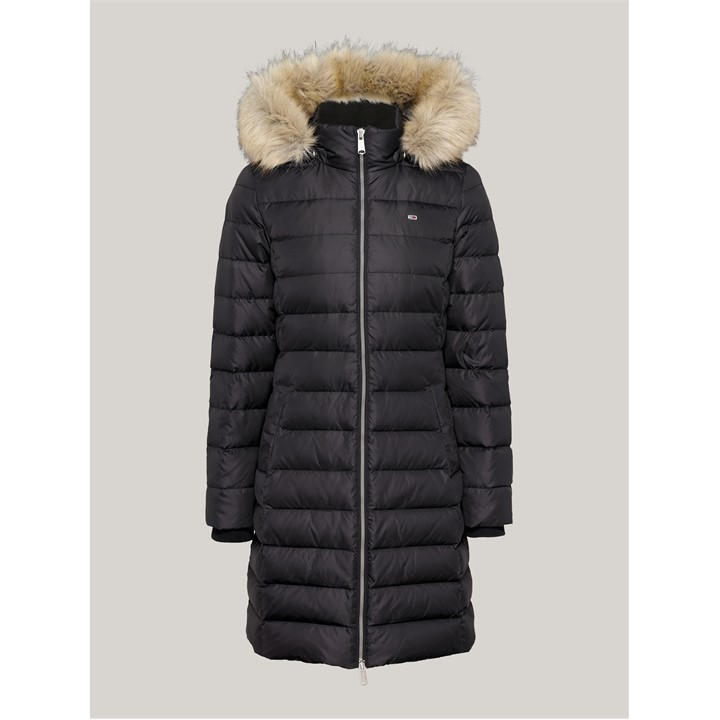 Tommy Jeans Women's Black Long Puffer Jacket in Size 12, Sports Direct