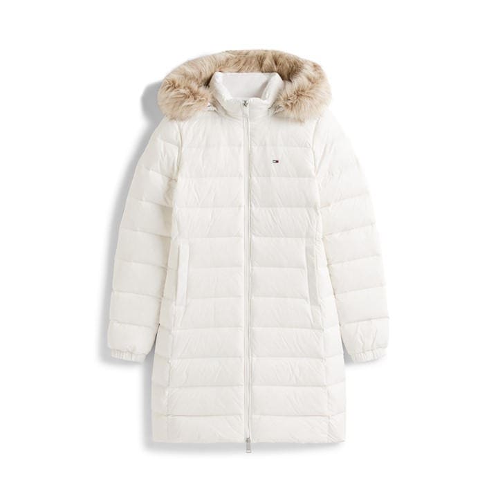 Tommy Jeans Women's Cream Long Puffer Jacket in Size 8, Sports Direct