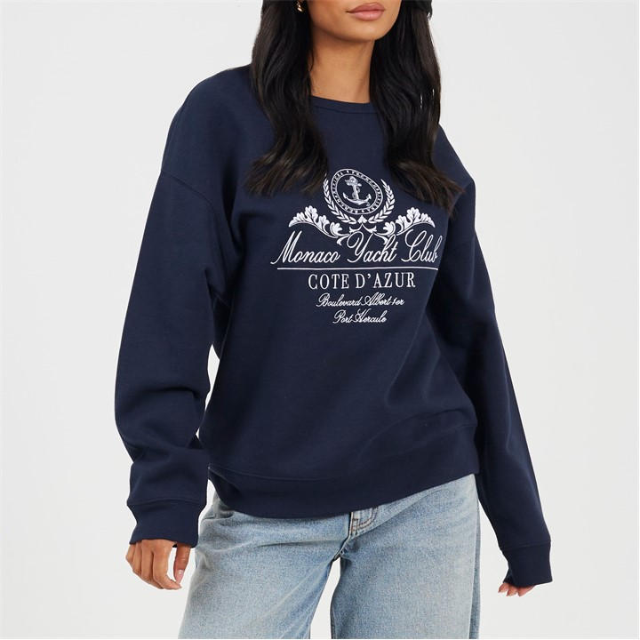 Brave Soul Women's Blue Bs Crew Neck Sweatshirt With Monaco Yacht Club Embroidery in Size 10, Sports Direct