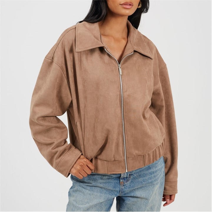 Brave Soul Women's Cream Bs Fauz Suede Bomber Jacket With Collar in Size 14, Sports Direct