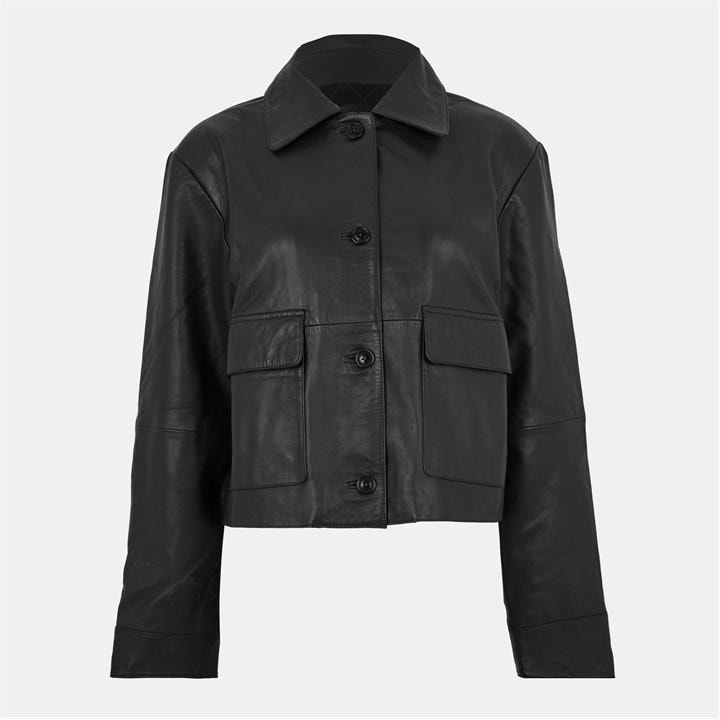 Biba Women's Black Collar Hip Length Long Sleeve Leather Jacket in Size 18, Sports Direct