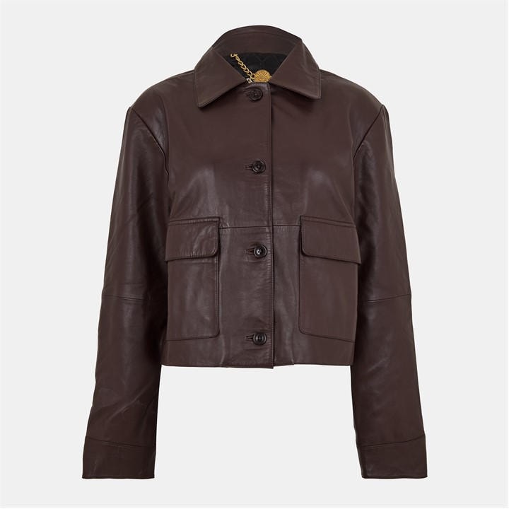 Biba Women's Brown Collar Hip Length Long Sleeve Leather Jacket in Size 16, Sports Direct
