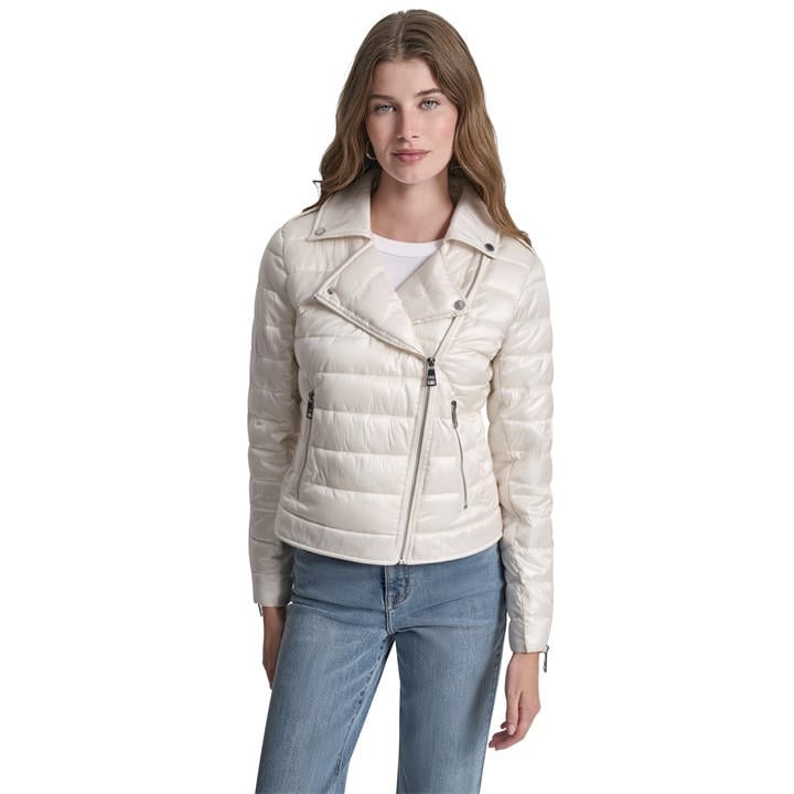 Dkny Women's White Jeans Moto Style Light Weight Puffer Jacket in Size 16, Sports Direct