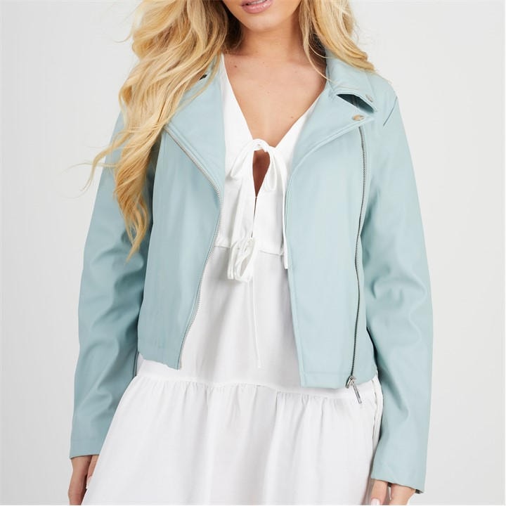 Brave Soul Women's Green Bs Faux Leather Sage Biker Jacket in Size 16, Sports Direct