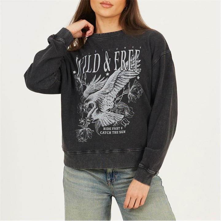Brave Soul Women's Black Crew Neck Graphic Sweatshirt