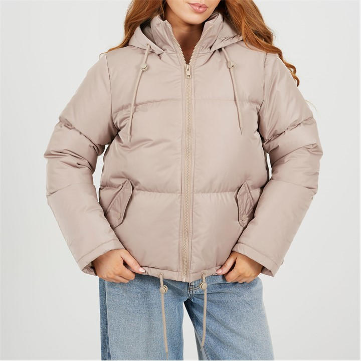 Brave Soul Women's Beige Hooded Long Sleeve Short Puffer Jacket in Size 14, Sports Direct