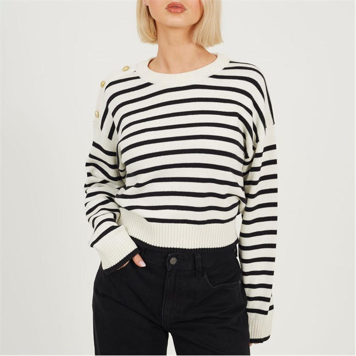 Brave Soul Women's  Boxy Crew Neck Striped Jumper With Shoulder Button Detail in Size 8, Sports Direct