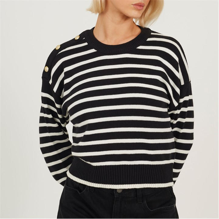 Brave Soul Women's  Boxy Crew Neck Striped Jumper With Shoulder Button Detail in Size 14, Sports Direct