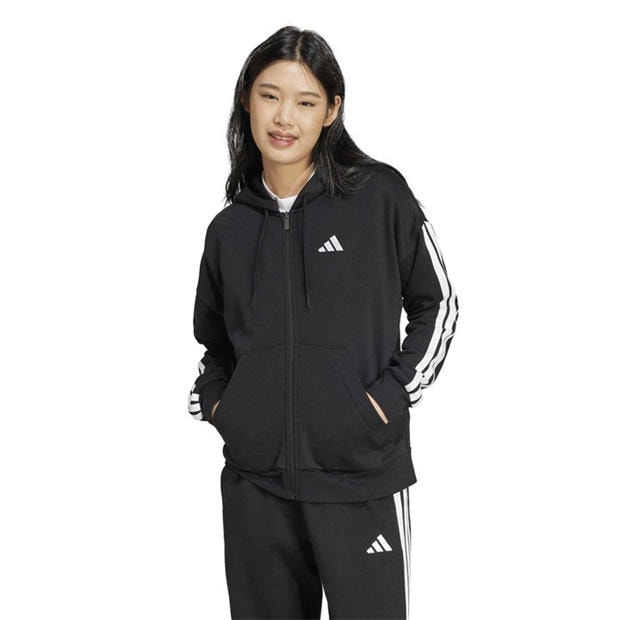 Black - adidas - Essentials 3 Stripe Zip Track Hoodie Womens