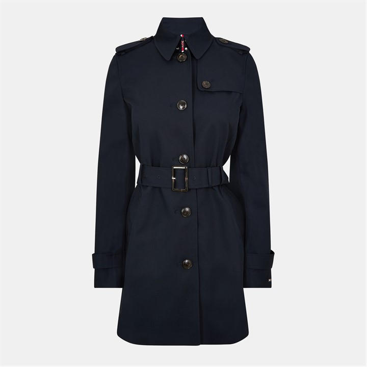 Tommy Hilfiger Women's Blue Single-Breasted Cotton Long Sleeve Trench Coat in Size 12, Sports Direct