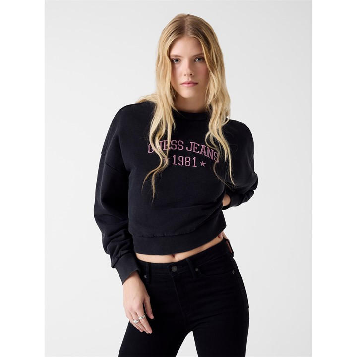 Guess Women's Black Star Cropped Crew Sweatshirt in Size 10, Sports Direct