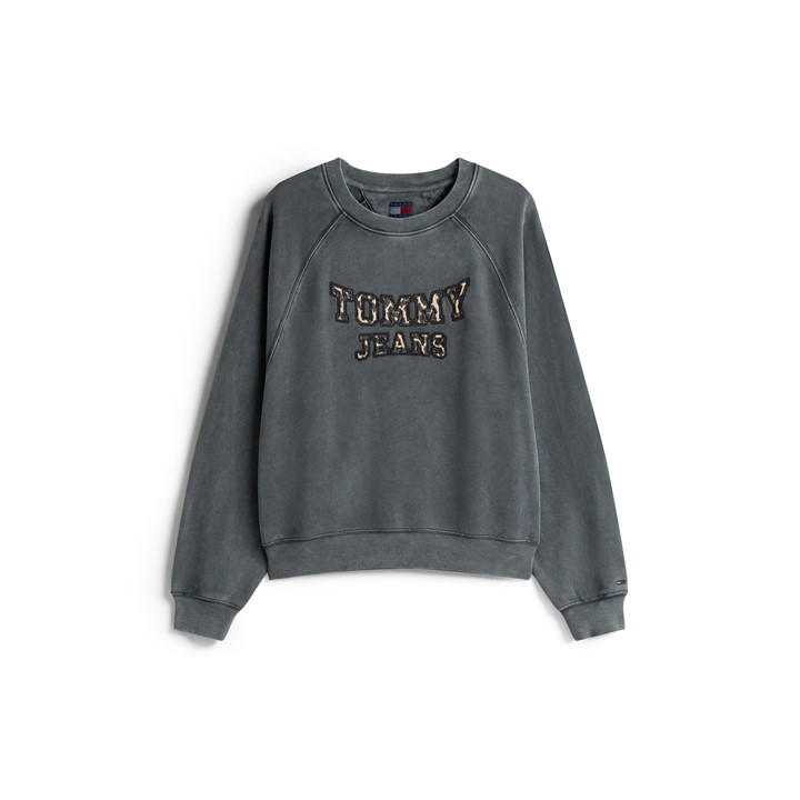 Tommy Jeans Women's Black Leopard Print Cotton Relaxed Fit Crew Sweatshirt in Size 10, Sports Direct