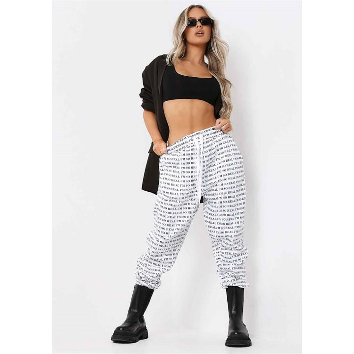 Missy Empire Women's White I'm Real Slogan Joggers in Size 10, Sports Direct