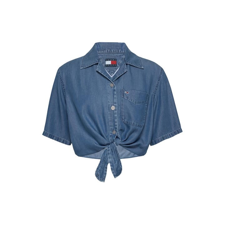 Tommy Jeans Women's Blue Chambray Tie Short-Sleeve Plain Shirt in Size 8, Sports Direct