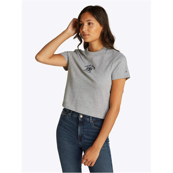 Tommy Jeans Women's Grey Varsity Crest Crew Neck T-Shirt in Size 14, Sports Direct