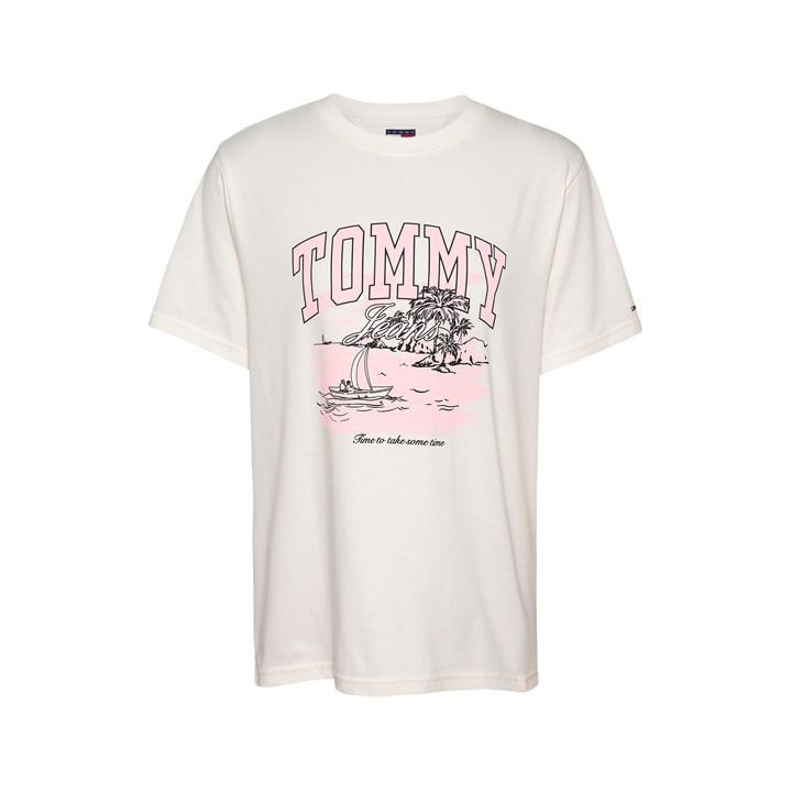 Tommy Jeans Women's White Tropics Tonal Pattern T-Shirt in Size 8, Sports Direct