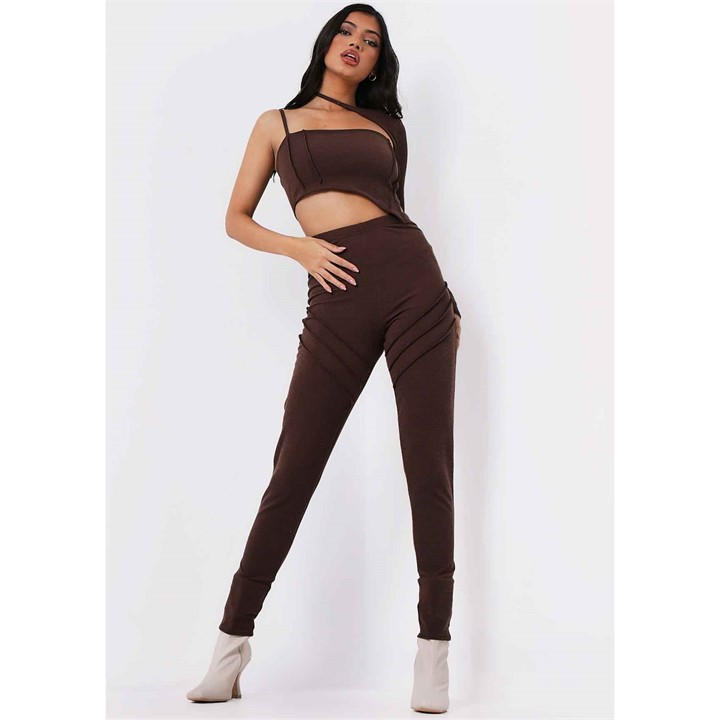 Missy Empire Women's Brown Ribbed Panel Leggings in Size 6, Sports Direct