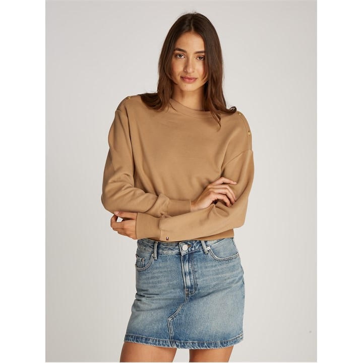 Tommy Hilfiger Women's Beige Gold Button Boat Neck Sweatshirt in Size 8, Sports Direct
