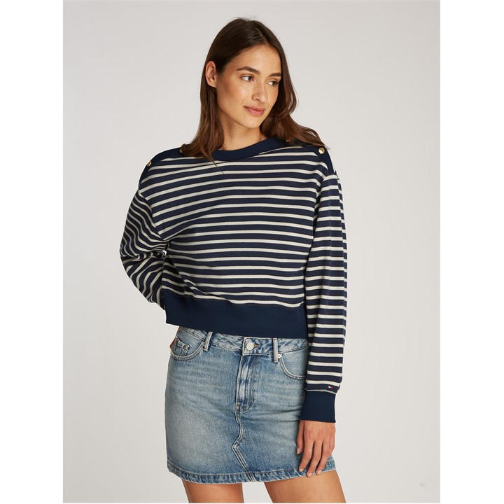 Tommy Hilfiger Women's Blue Gold Button Boat Neck Sweatshirt in Size 16, Sports Direct
