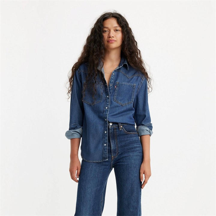 Levis Women's Blue Teodora Western Long-Sleeve Denim Shirt in Size 10, Sports Direct