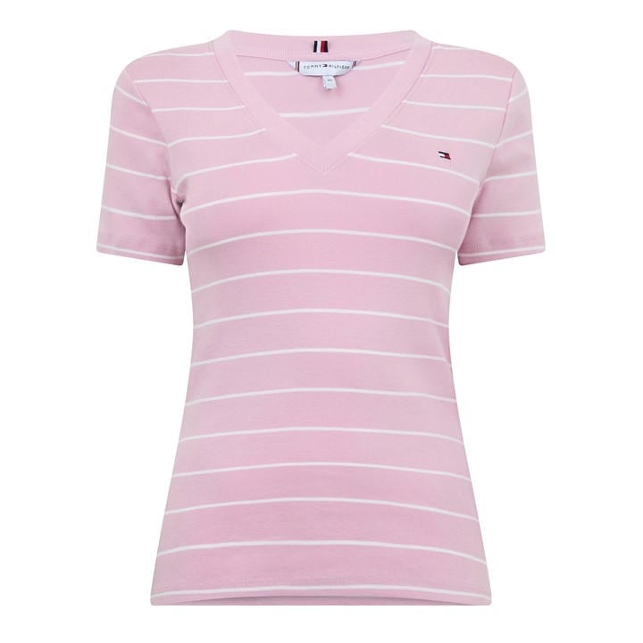 Tommy Hilfiger Women's Pink V-Neck Striped T-Shirt in Size 12, Sports Direct