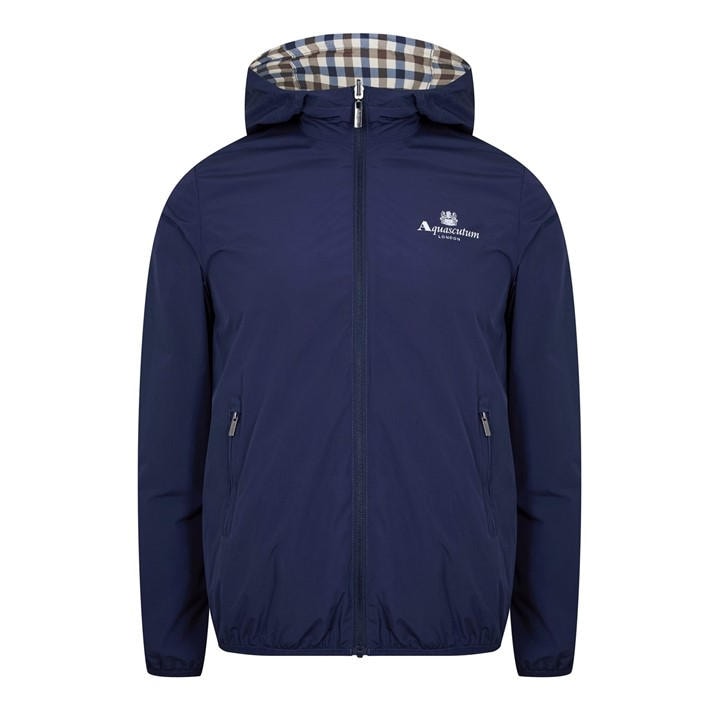 Aquascutum Men's Blue Reversible Check Hooded Long Sleeve Rain Anorak in Size 2XL, Sports Direct