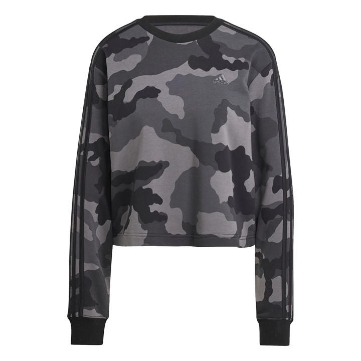 Adidas Women's Black Essentials 3-Stripes Camo-Print Cropped Sweatshirt in Size L, Sports Direct