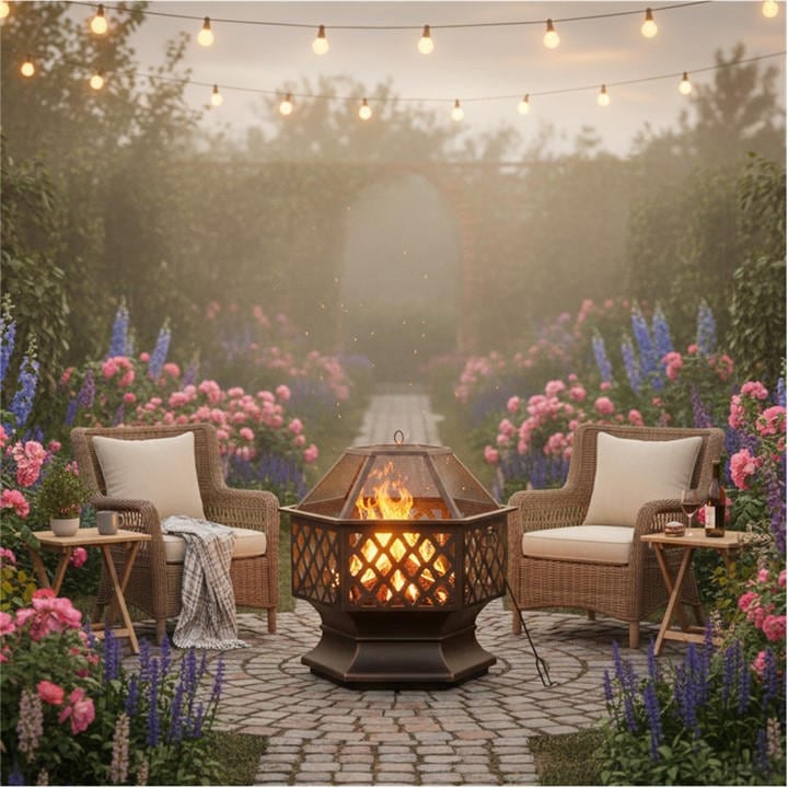 Linea  Black Hexagonal Metal Lattice Fire Pit, Sports Direct