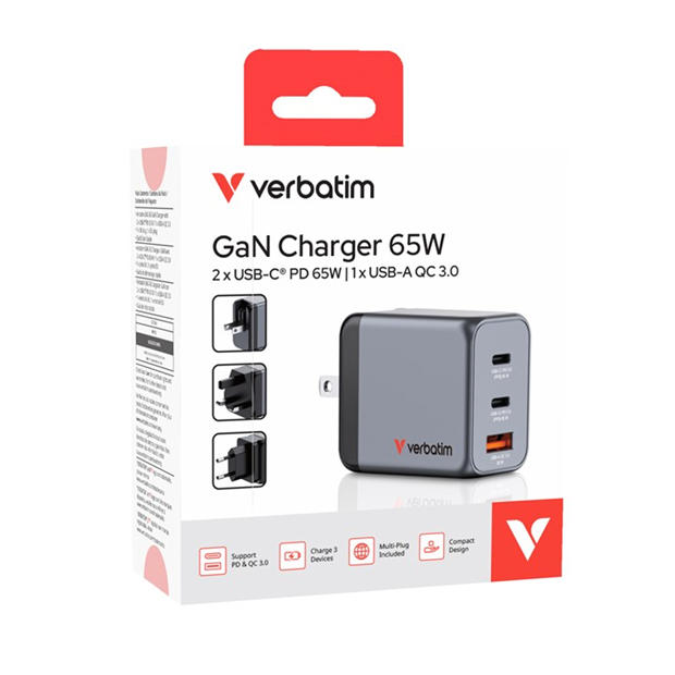 Черно - Verbatim - 65W 3-Port GaN Wall Charger