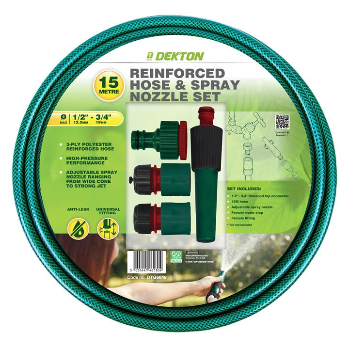 Dekton  Green 15M Reinforced Garden Hose And Spray Nozzle Set, Sports Direct